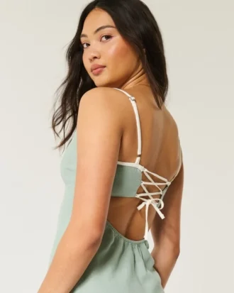 Linen-Blend Open-Back Slip Midi Dress