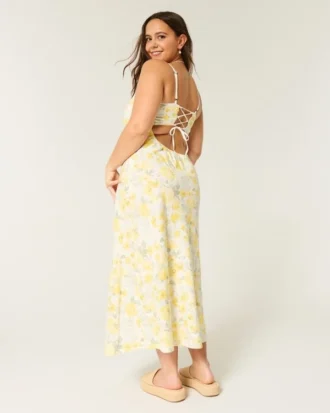 Linen-Blend Open Back Slip Midi Dress