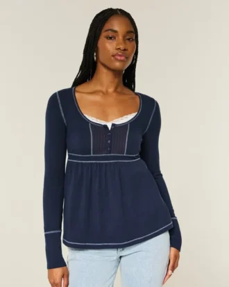 Long-Sleeve Henley Babydoll Top