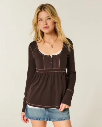 Long-Sleeve Henley Babydoll Top
