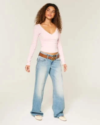 Long-Sleeve Lace Trim Wrap Top