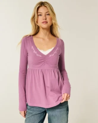 Long-Sleeve Pinch Bust Babydoll Top