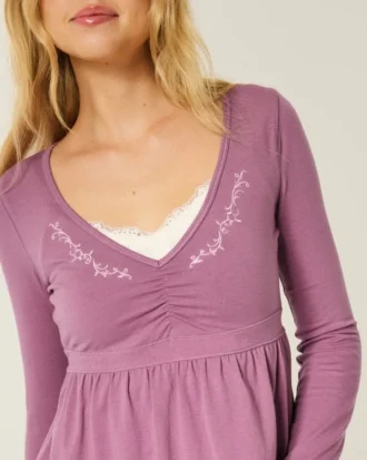 Long-Sleeve Pinch Bust Babydoll Top