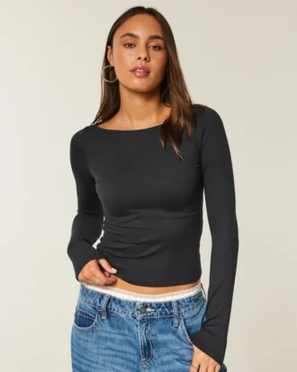 Long-Sleeve Seamless Fabric Slash-Neck Top