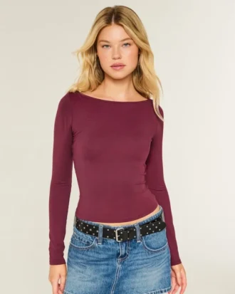 Long-Sleeve Seamless Fabric Slash-Neck Top