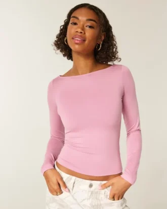 Long-Sleeve Seamless Fabric Slash-Neck Top