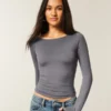 Long-Sleeve Seamless Fabric Slash-Neck Top