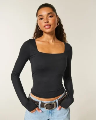 Long-Sleeve Seamless Fabric Square-Neck Baby Tee