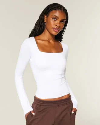 Long-Sleeve Seamless Fabric Square-Neck Baby Tee