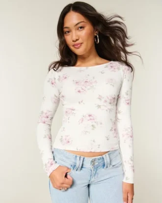Long-Sleeve Slash-Neck Top
