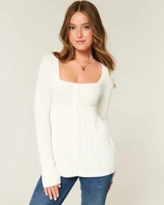 Long-Sleeve Square-Neck Babydoll Sweater