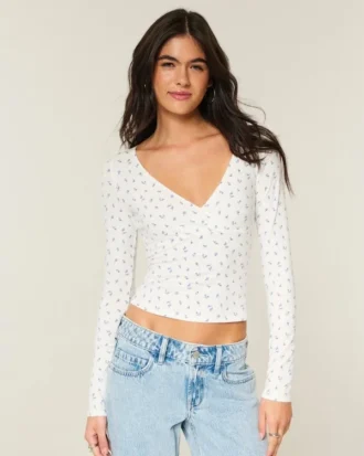 Long-Sleeve Wrap V-Neck Top