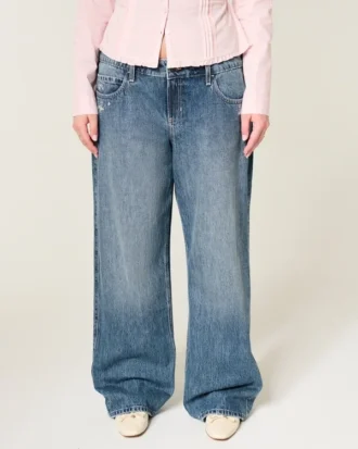 Low-Rise Dark Wash Floral Embroidery Baggy Jeans