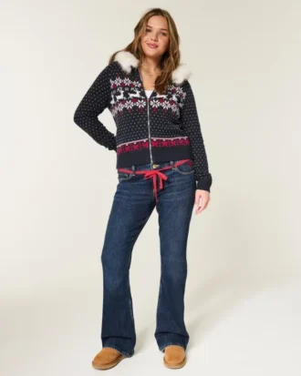 Low-Rise Dark Wash Red Tie Waist Bootcut Jeans