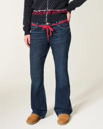 Low-Rise Dark Wash Red Tie Waist Bootcut Jeans