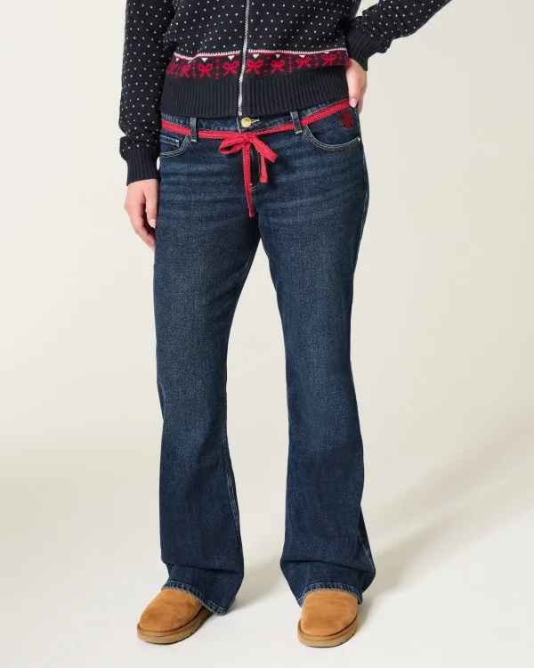 Low-Rise Dark Wash Red Tie Waist Bootcut Jeans Low-Rise Dark Wash Red Tie Waist Bootcut Jeans