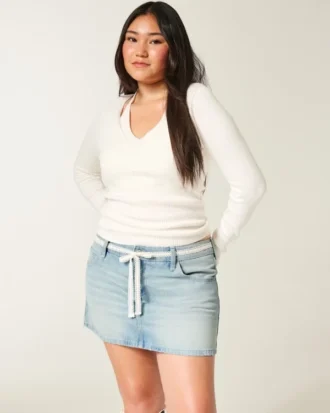 Low-Rise Lace Tie Denim Mini Skort
