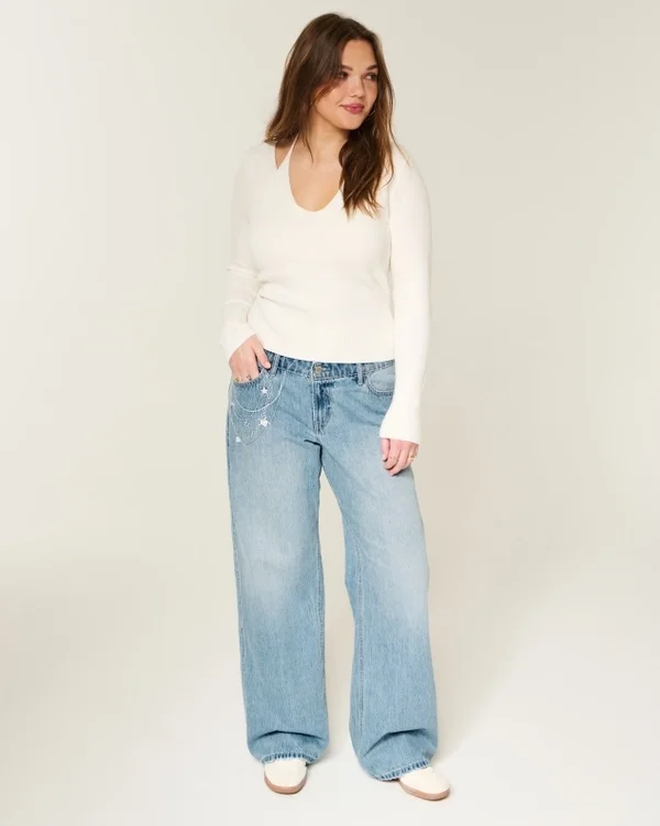 Low-Rise Light Wash Chain Embroidery Baggy Jeans Low-Rise Light Wash Chain Embroidery Baggy Jeans