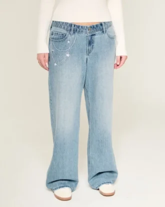 Low-Rise Light Wash Chain Embroidery Baggy Jeans