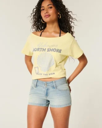 Low-Rise Light Wash Floral Pocket Denim Shortie Shorts