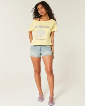 Low-Rise Light Wash Floral Pocket Denim Shortie Shorts