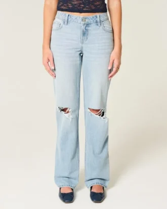 Low-Rise Light Wash Ripped Loose Jeans