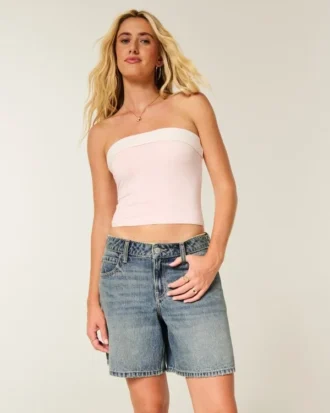 Low-Rise Medium Wash Adjustable Waistband Baggy Jort