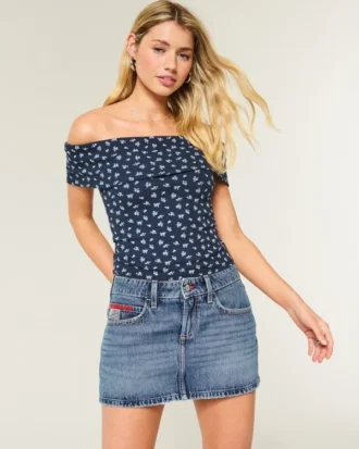Low-Rise Medium Wash Flag Embroidered Denim Mini Skort