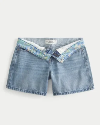 Low-Rise Medium Wash Foldover Waist Baggy Denim Shorts 5″