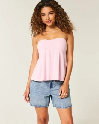 Low-Rise Medium Wash Foldover Waist Baggy Denim Shorts 5″