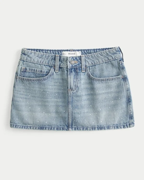 Low-Rise Medium Wash Studded Denim Mini Skort Low-Rise Medium Wash Studded Denim Mini Skort