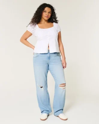 Low-Rise Ripped Light Wash Relaxed Straight Jeans