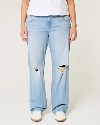 Low-Rise Ripped Light Wash Relaxed Straight Jeans