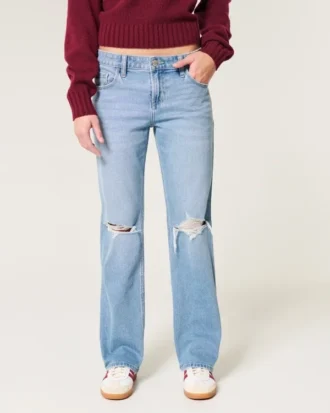 Low-Rise Ripped Medium Wash Relaxed Straight Jeans