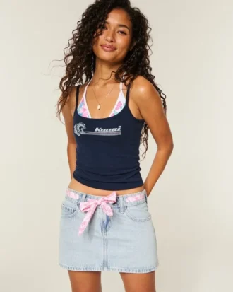 Low-Rise Waist Tie Denim Mini Skort