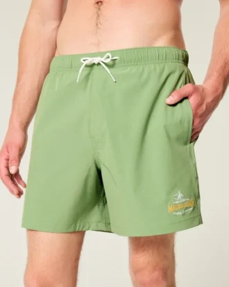 Malibu Beach Graphic Mid-Thigh Volley Swim Trunks