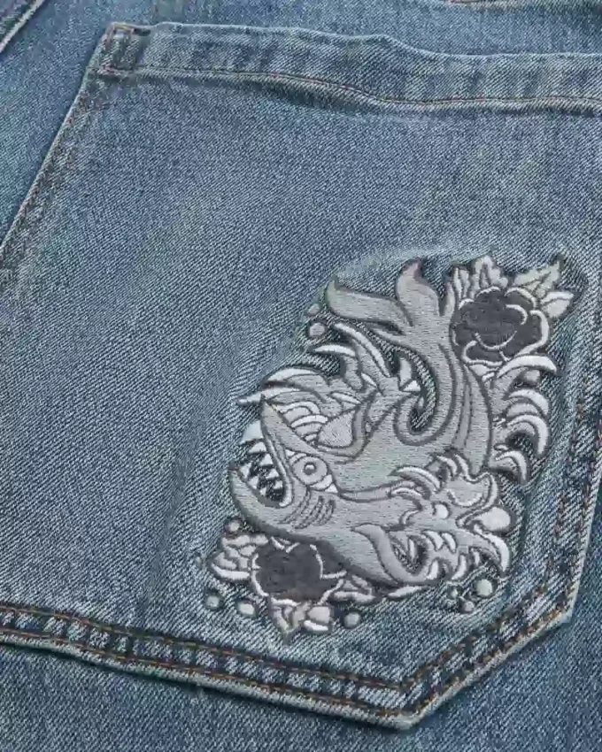 Medium Wash Embroidered Shark Graphic Skater Baggy Jeans Medium Wash Embroidered Shark Graphic Skater Baggy Jeans