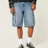 Medium Wash Super Baggy Denim Cargo Shorts
