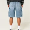 Medium Wash Super Baggy Denim Cargo Shorts