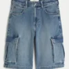 Medium Wash Super Baggy Denim Cargo Shorts
