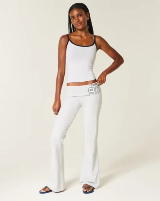 Number Graphic Foldover Waist Flare Pants