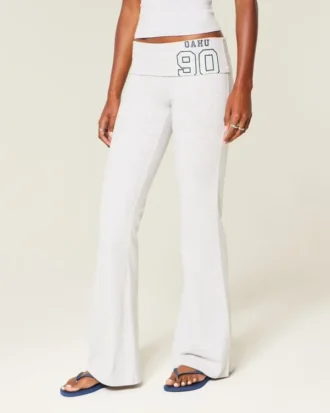 Number Graphic Foldover Waist Flare Pants