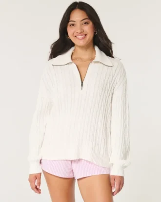 Oversized Cable-Knit Half-Zip Sweater