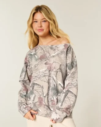 Oversized Off-the-Shoulder Camo Sweatshirt