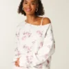 Oversized Off-the-Shoulder Floral Bow Pattern Sweatshirt