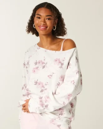 Oversized Off-the-Shoulder Floral Bow Pattern Sweatshirt