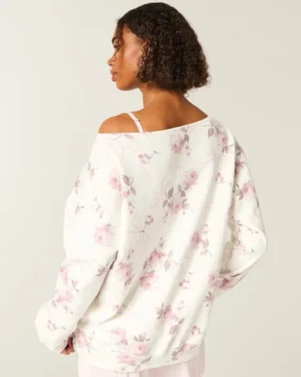 Oversized Off-the-Shoulder Floral Bow Pattern Sweatshirt