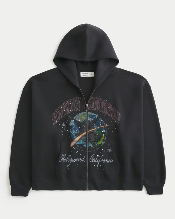 Rectangle Fit Someday Tomorrow Graphic Embellished Zip-Up Hoodie Rectangle Fit Someday Tomorrow Graphic Embellished Zip-Up Hoodie