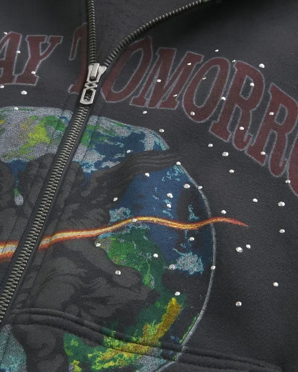 Rectangle Fit Someday Tomorrow Graphic Embellished Zip-Up Hoodie Rectangle Fit Someday Tomorrow Graphic Embellished Zip-Up Hoodie