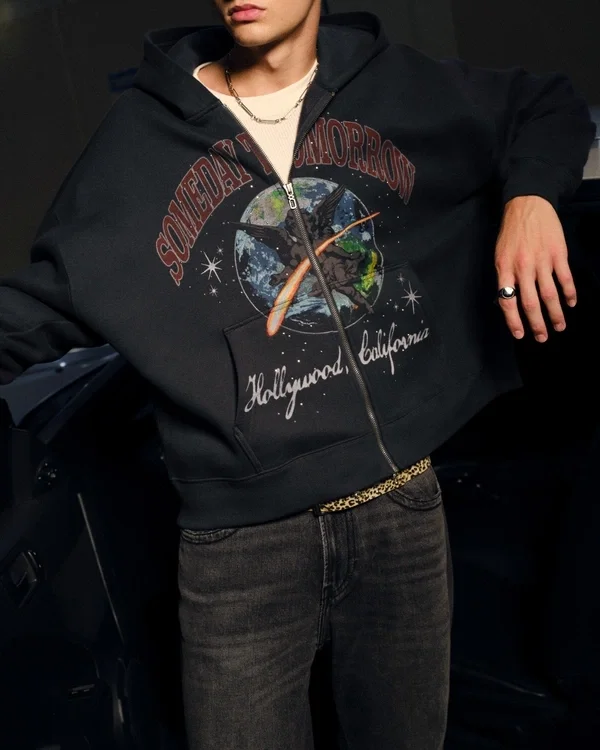 Rectangle Fit Someday Tomorrow Graphic Embellished Zip-Up Hoodie Rectangle Fit Someday Tomorrow Graphic Embellished Zip-Up Hoodie